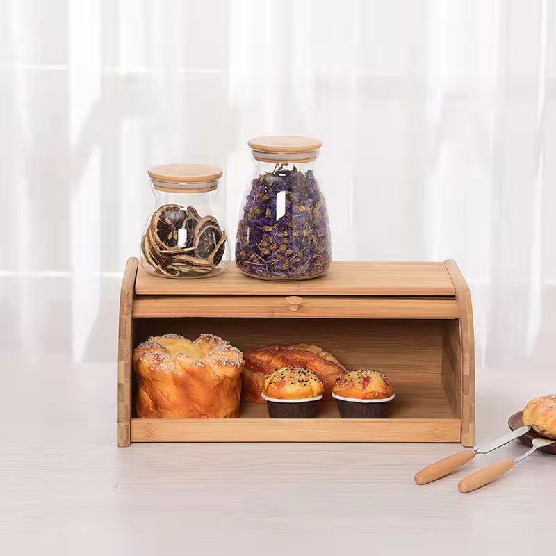 Bamboo Bread Box, Large Natural Roll Top Wood Bread Box, Countertop Bread Storage Bin, Bread Boxes Holder for Kitchen Food Storage, No Assembly Required