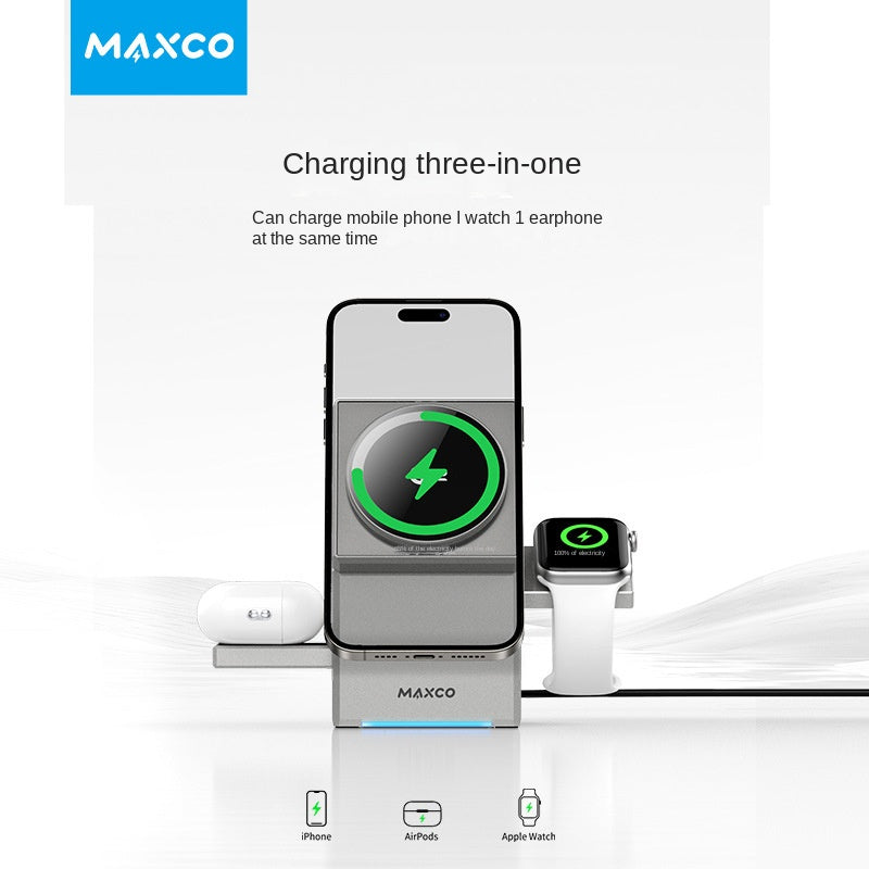 MAXCO Wireless Charging Station, CubeTrick-X Qi2 15W Fast Charge, 3 in 1 Wireless Charging Station for Apple Watch Charger, for iPhone 16, 15, 14, 13, 12 Series, AirPods (30W USB-C Charger Included)