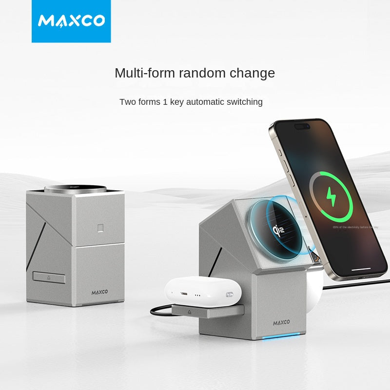 MAXCO Wireless Charging Station, CubeTrick-X Qi2 15W Fast Charge, 3 in 1 Wireless Charging Station for Apple Watch Charger, for iPhone 16, 15, 14, 13, 12 Series, AirPods (30W USB-C Charger Included)