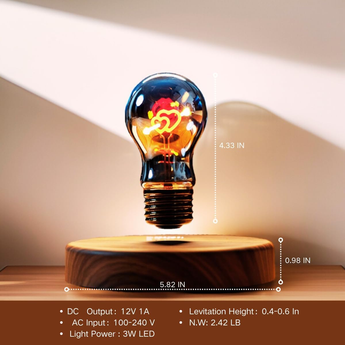 Levitating Bulb Lamp Magnetic Floating Light Desk Lamp Night Light, 360 Degree Wireless Automatic Rotating Light for Gifts Home Office Decor Desk Tech Toys (Round-Arrow Heart Bulb)