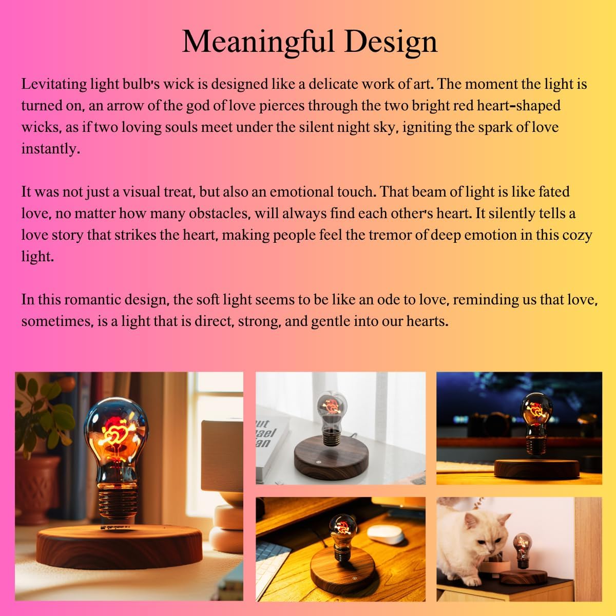 Levitating Bulb Lamp Magnetic Floating Light Desk Lamp Night Light, 360 Degree Wireless Automatic Rotating Light for Gifts Home Office Decor Desk Tech Toys (Round-Arrow Heart Bulb)