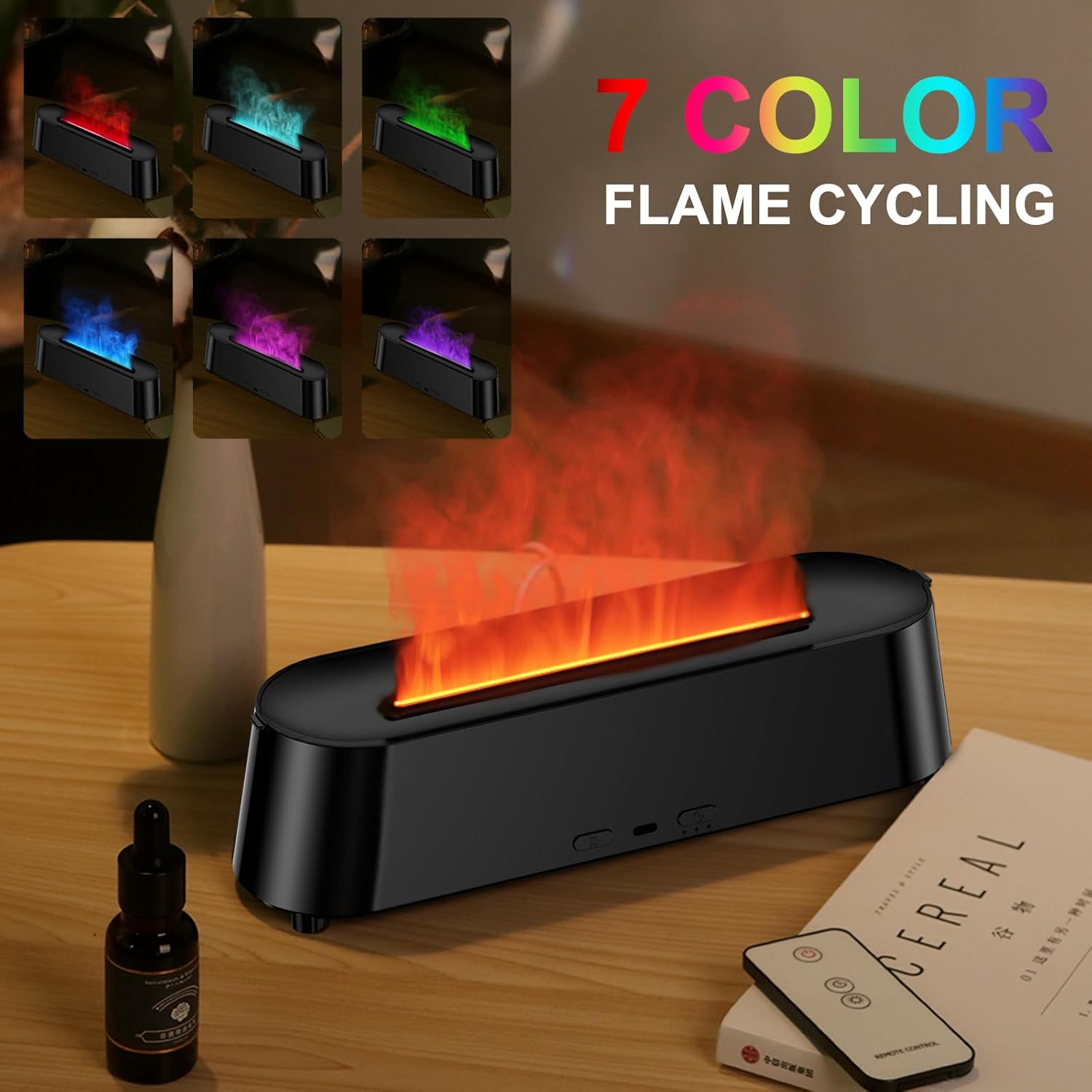 7-Colors Colorful Flame Fire Diffuser Humidifier Ultra-Quiet Aroma Essential Oils Aromatherapy Diffusers for Large Room, Bedroom, Office